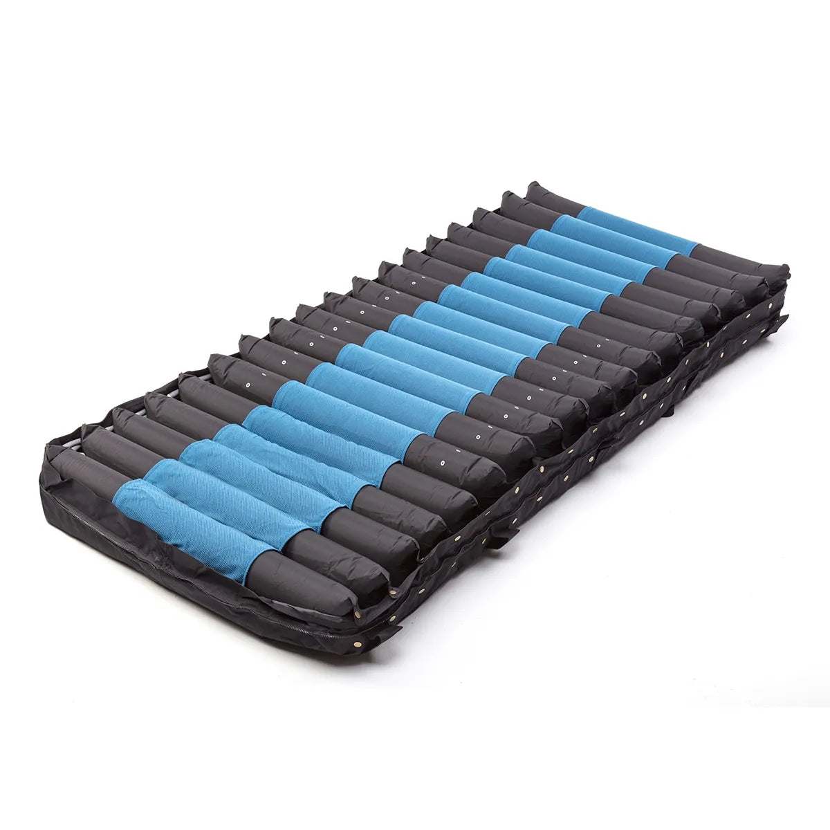 Alternating pressure LAL mattress with alternating black and blue inflated tube cells and dark border frame, shown on white
