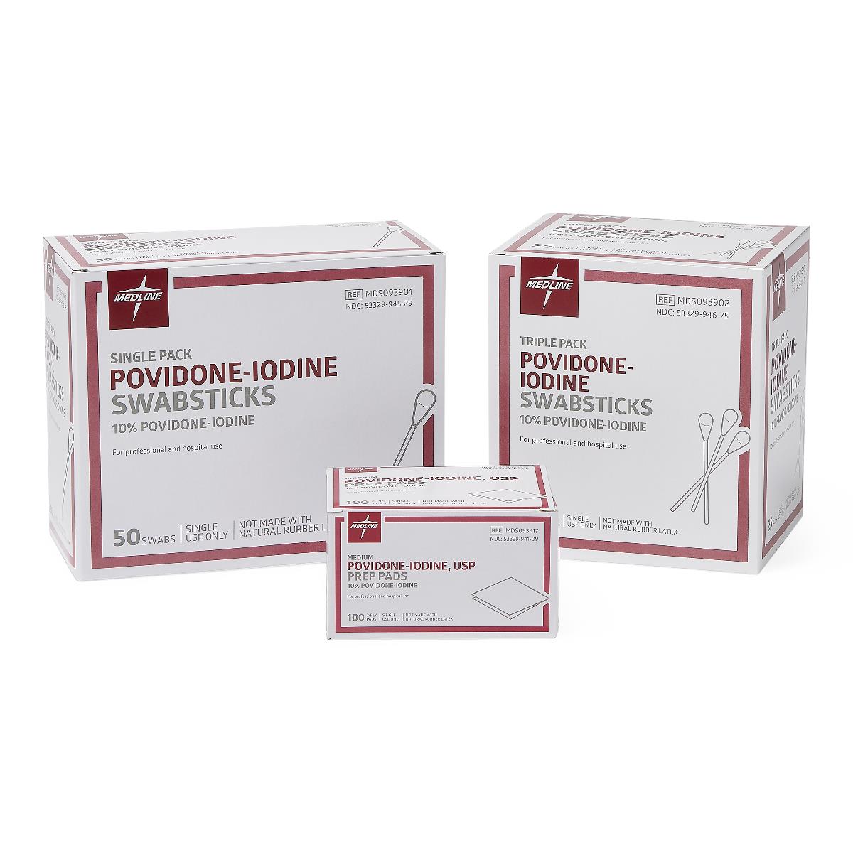 Povidone-iodine swabsticks boxes in single and triple pack sizes alongside a box of povidone-iodine prep pads on white
