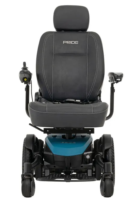 Pride Jazzy Evo 613 power wheelchair, front view, with black captain's seat, joystick controller, and teal base on four
