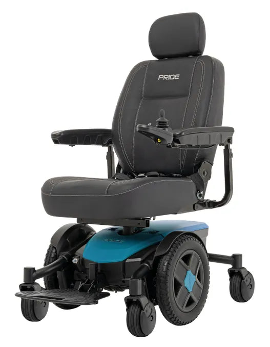 Power wheelchair with black upholstered seat and headrest, joystick control, teal base, and black spoke wheels on white