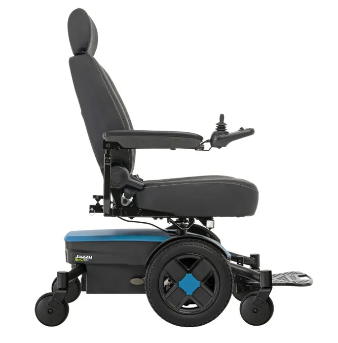 Power wheelchair with black captain's seat, joystick controller, blue accent shroud, and mid-wheel drive base, shown from