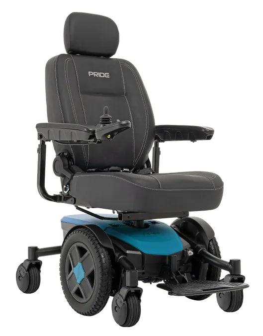 Pride Jazzy Evo 613 power wheelchair with black captain's seat, headrest, joystick control, and teal base on white background