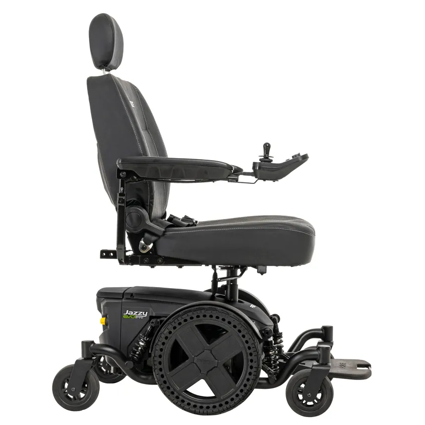 Power wheelchair with black upholstered captain's seat, headrest, joystick controller, and mid-wheel drive base, side view