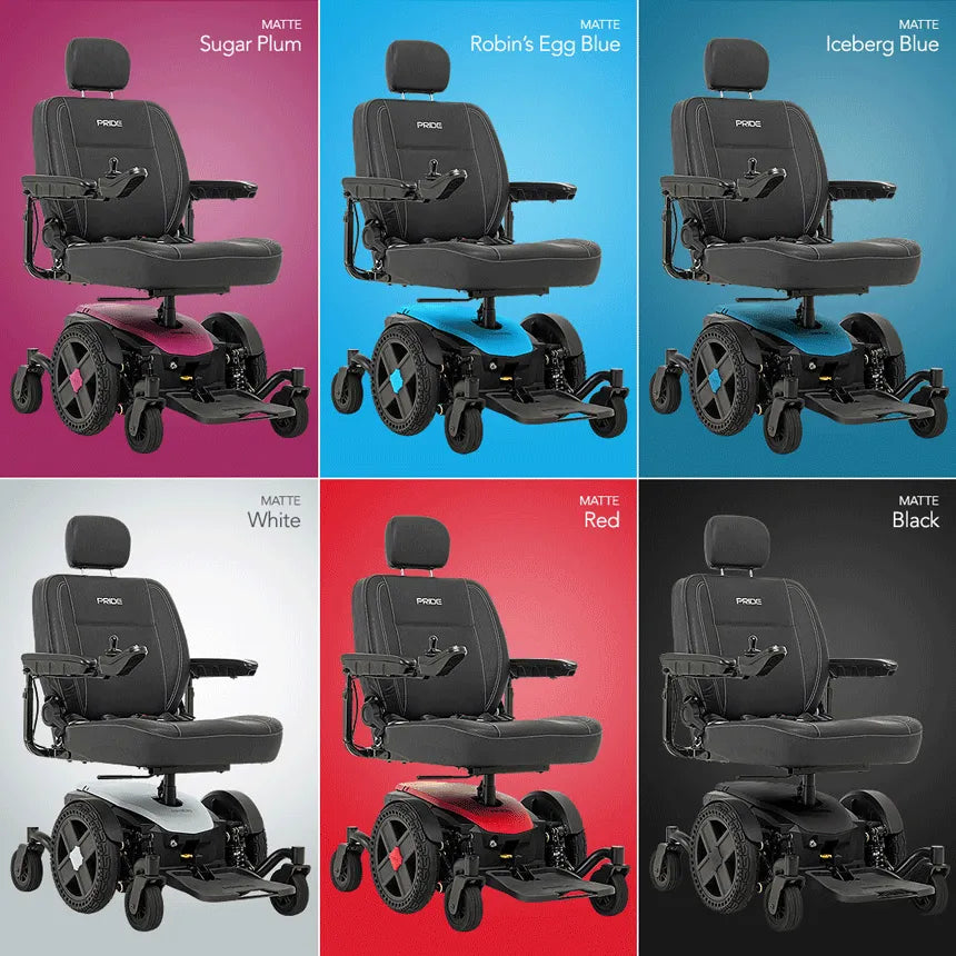 Power wheelchair shown in six matte color options: Sugar Plum, Robin's Egg Blue, Iceberg Blue, White, Red, and Black