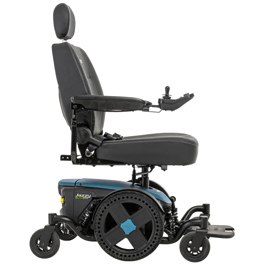 Power wheelchair with black captain's seat, headrest, joystick controller, teal shroud, and mid-wheel drive base, side view