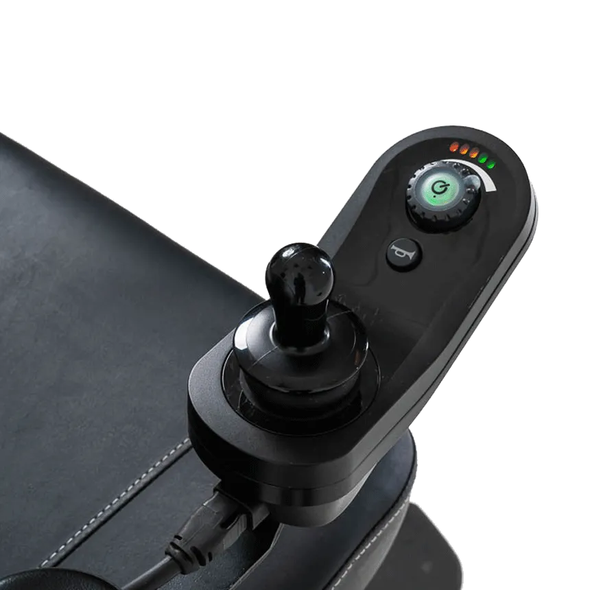 Power wheelchair joystick controller with black ball-top handle, power button, horn button, and battery indicator lights