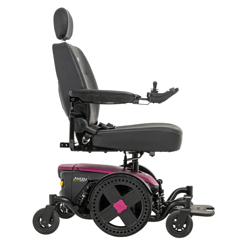 Power wheelchair with black captain's seat, joystick controller, pink and black frame, and mid-wheel drive design, shown
