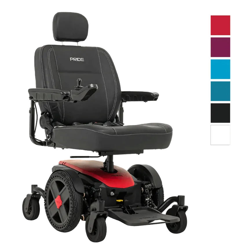 Power wheelchair with black upholstered seat, headrest, joystick control, and red base, shown with six available color