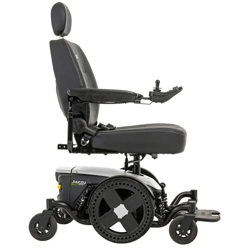 Power wheelchair with black captain seat, headrest, joystick controller, and mid-wheel drive base, shown from the side