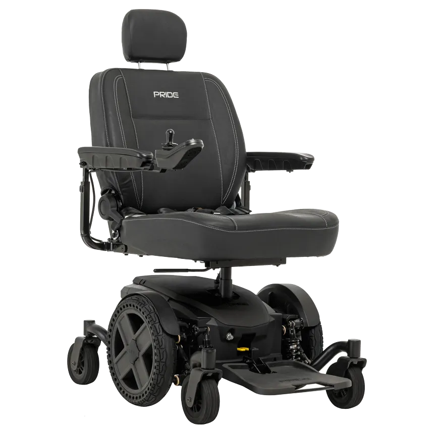 Power wheelchair with black upholstered captain's seat, headrest, joystick controller, and six-wheel drive base