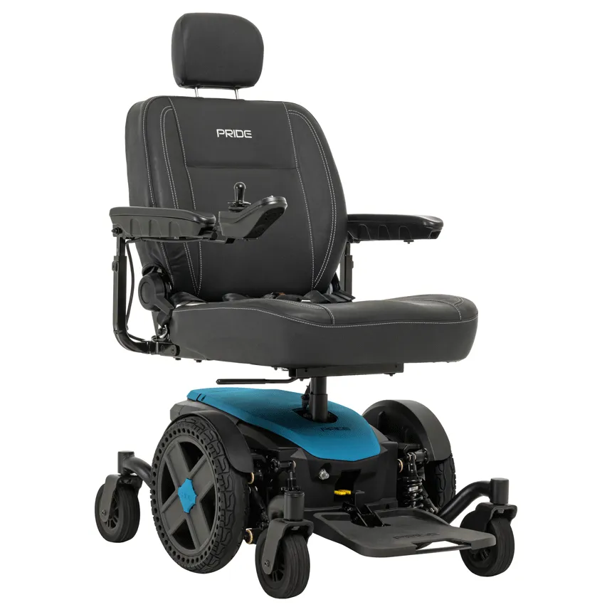 Power wheelchair with black upholstered seat, headrest, joystick controller, and teal blue base with six wheels