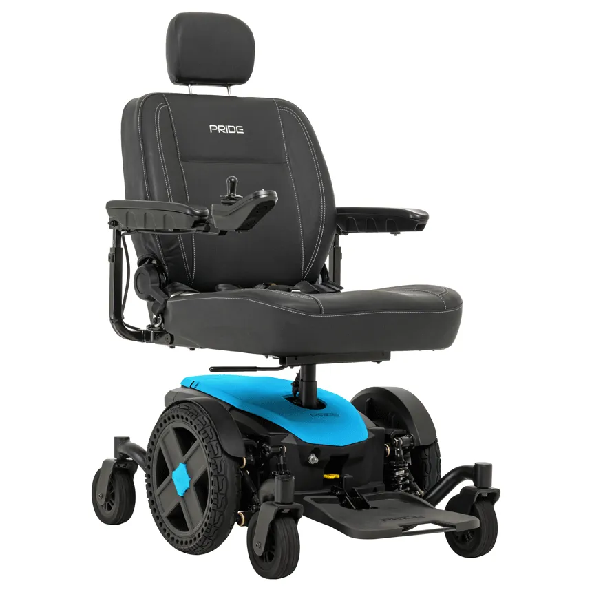 Pride power wheelchair with black padded seat, headrest, joystick controller, and bright blue base on six wheels