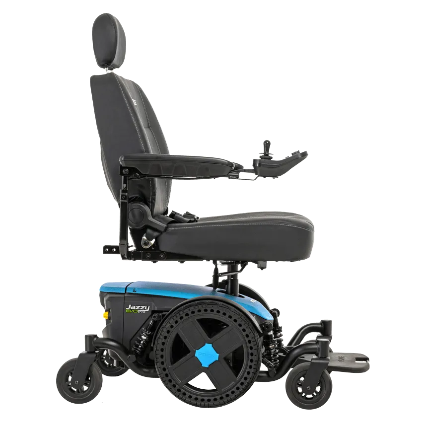 Power wheelchair with black captain's seat, headrest, joystick controller, and blue and black mid-wheel drive base, side view