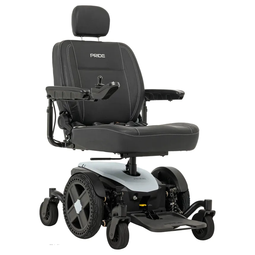 Power wheelchair with black upholstered seat, headrest, joystick control, and light gray base with six wheels