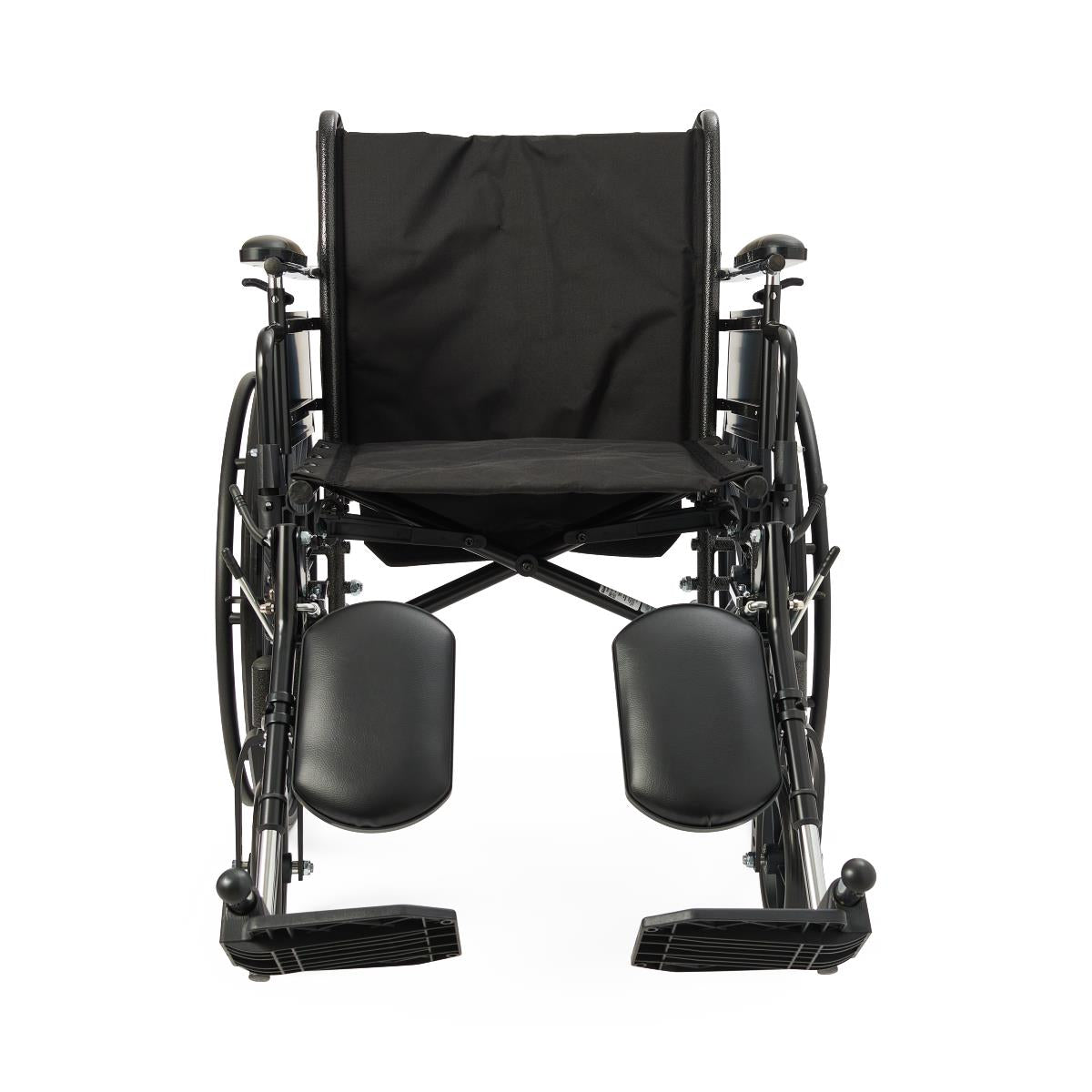 Wheelchair with black frame, fabric seat and back, removable desk-length armrests, and padded elevating legrests, front view