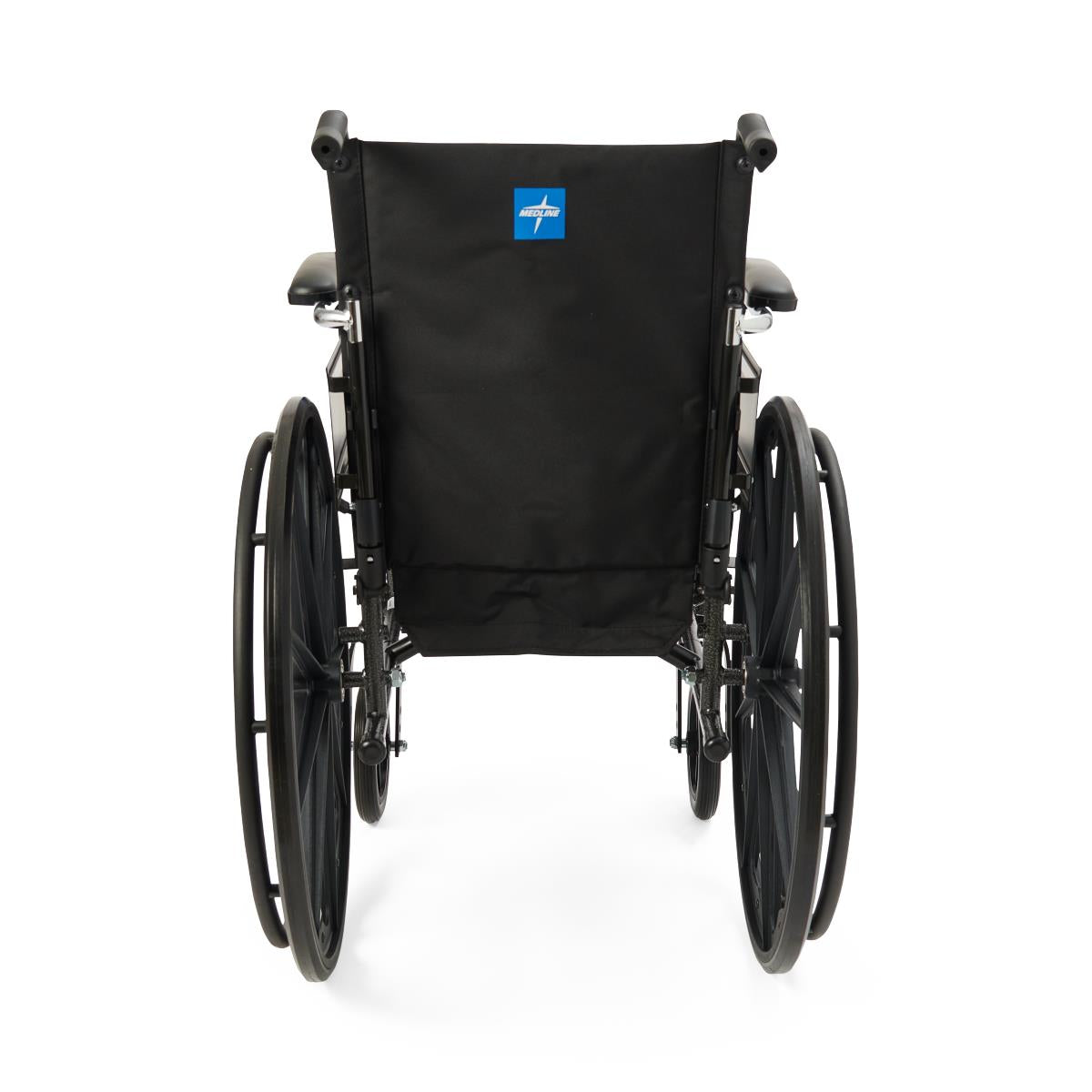 Medline Excel K3 wheelchair rear view with black upholstery, removable desk-length arms, and large rear wheels on white