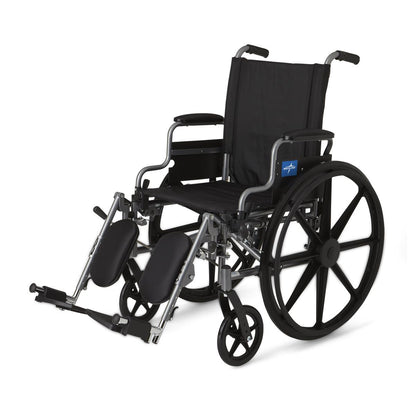 Wheelchair with swing-back desk-length arms, elevating legrests, black upholstery, large rear wheels, and silver frame on
