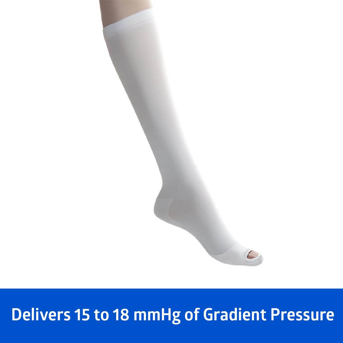 Knee length anti-embolism stocking in white with open toe, shown on a mannequin leg against a white background