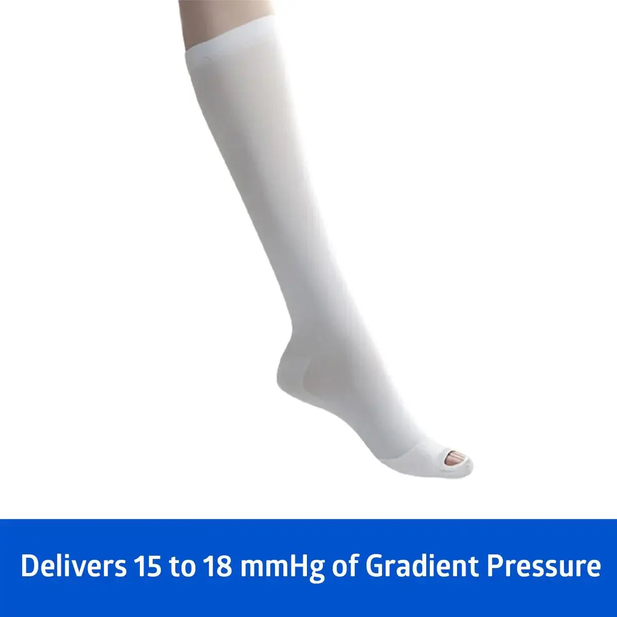 Knee-length anti-embolism compression stocking in white with open toe, shown on a mannequin leg, large regular size