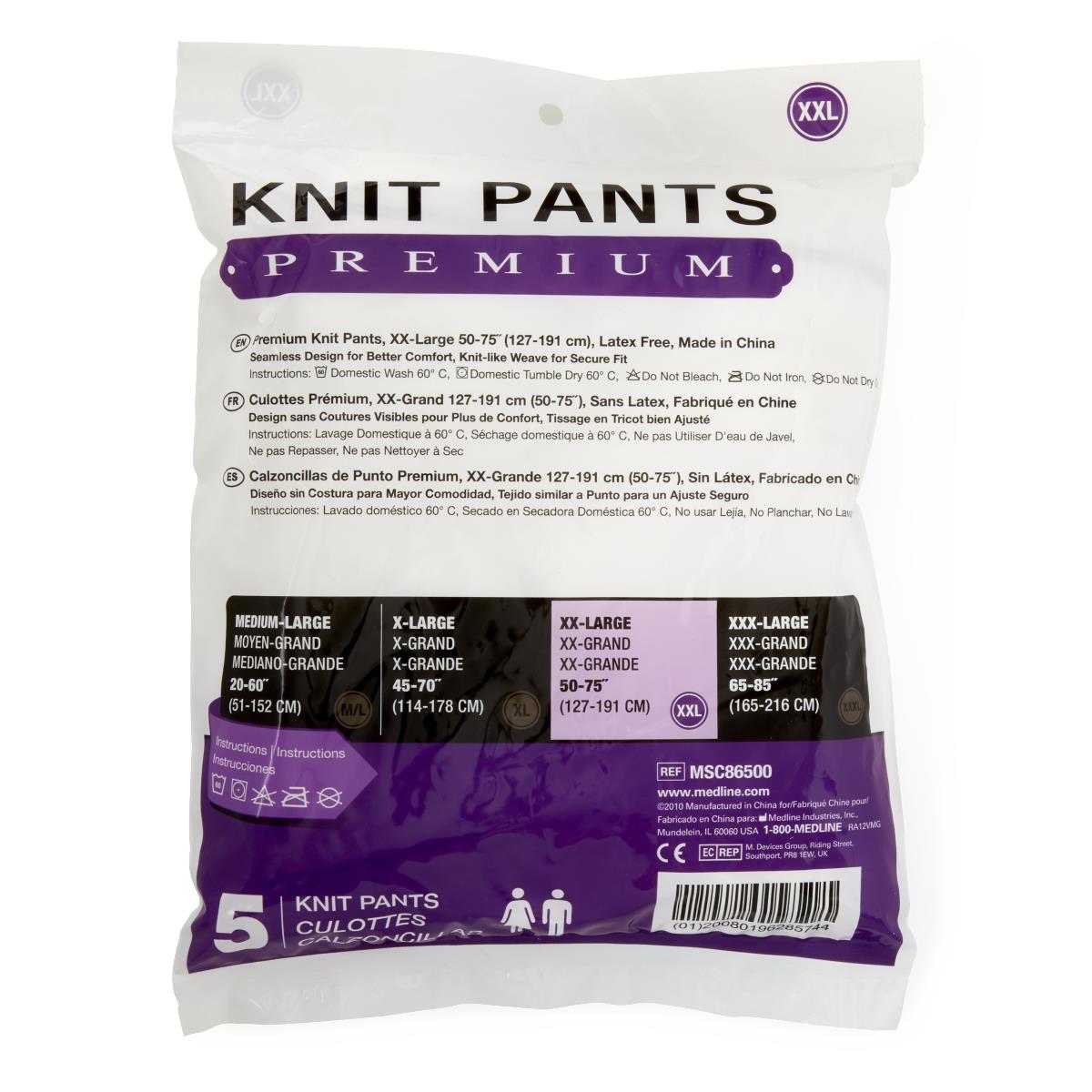 Premium knit incontinence underpants in sealed plastic packaging, XX-Large size, pack of 5, with purple and white label