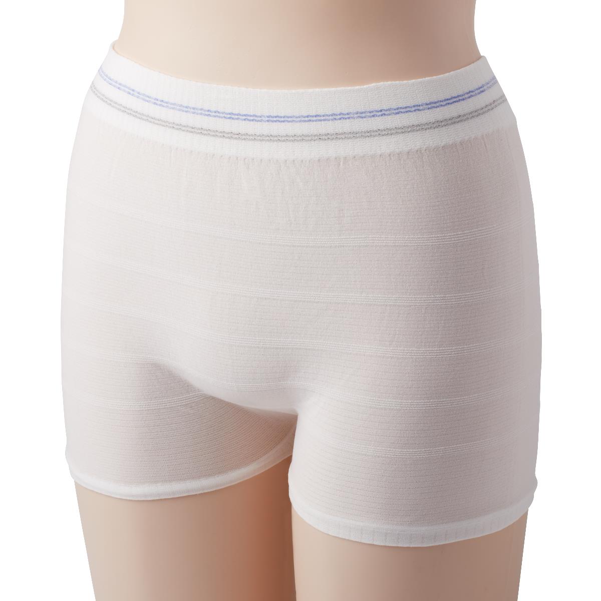 Knit incontinence underpants in white with blue and gray waistband stitching, shown on a mannequin torso