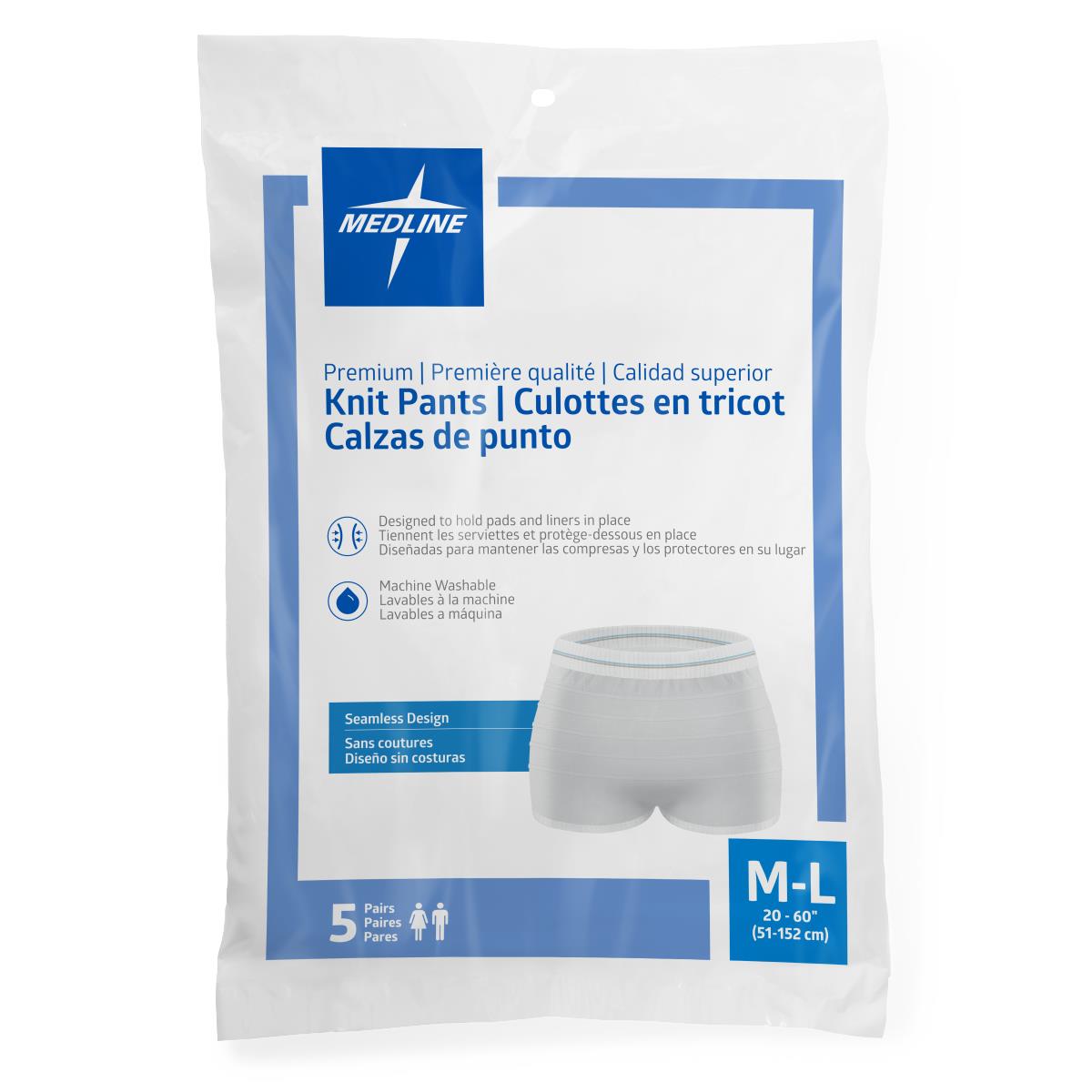 Medline premium knit incontinence pants in sealed packaging, size M-L, 5-pair pack with seamless design illustration