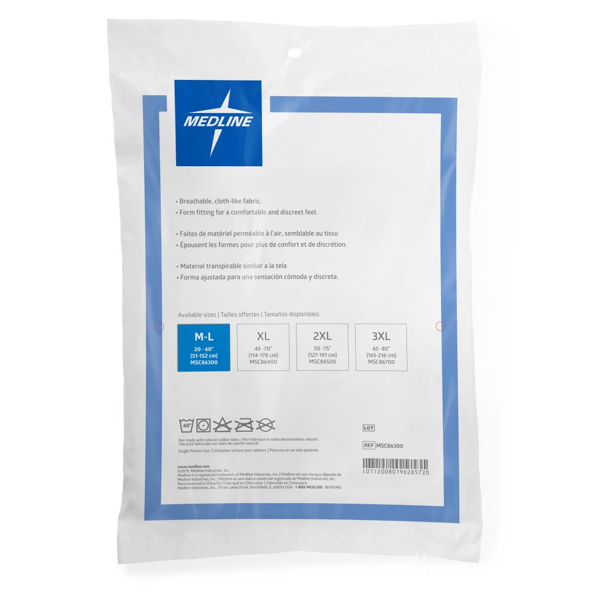 Premium knit incontinence underpants in sealed Medline packaging, size M-L, with multilingual product details and size chart