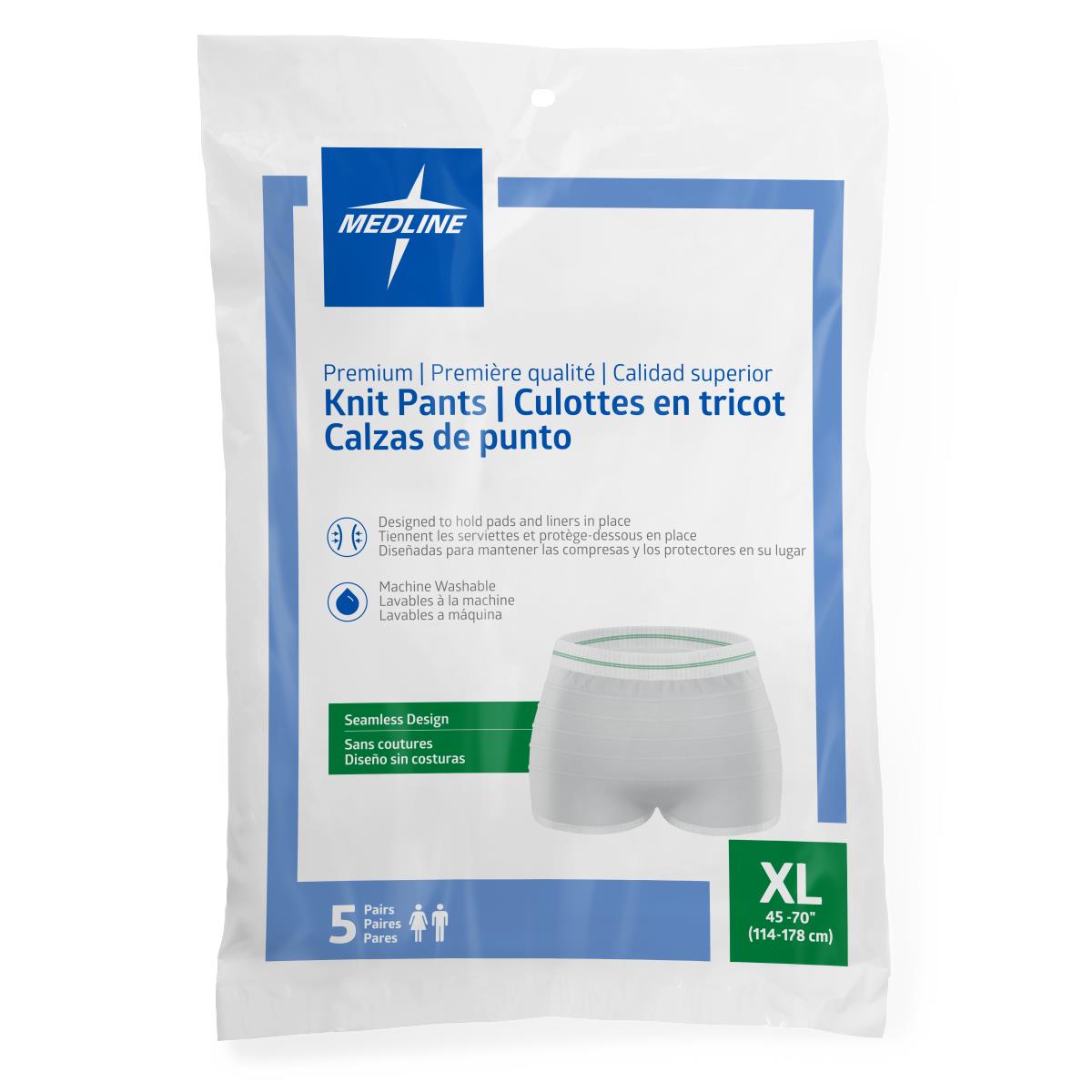 Medline premium knit incontinence pants in sealed poly bag, XL size, 5 pairs, white with green waistband detail