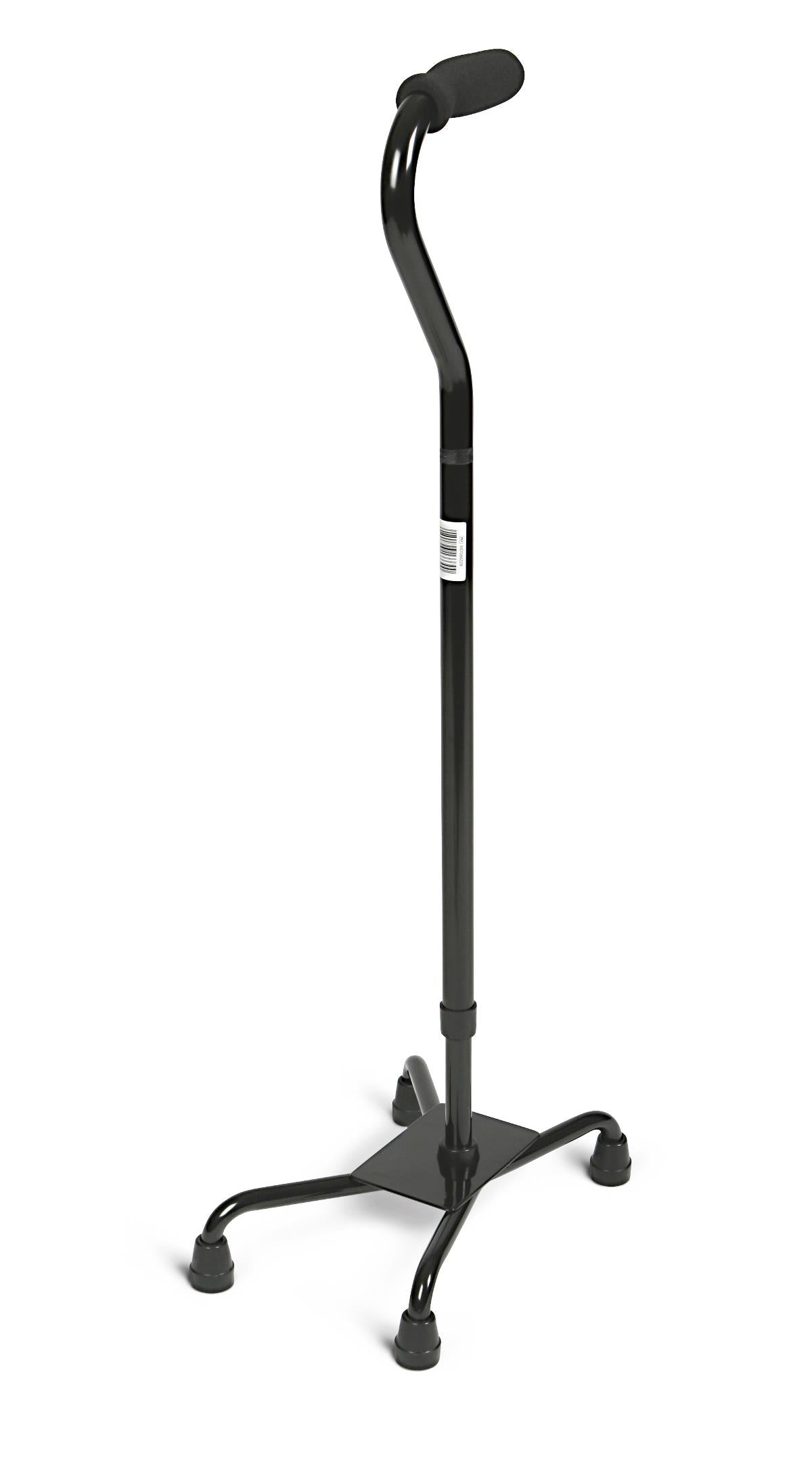 Quad cane with large four-legged base, curved foam handle, and adjustable black shaft shown on white background