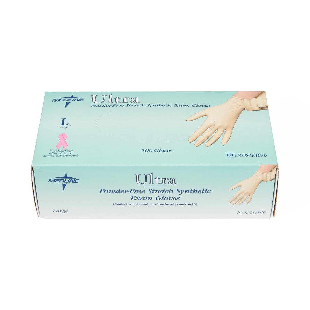 Box of Medline Ultra powder-free stretch synthetic exam gloves, large size, 100 count, light teal packaging with glove