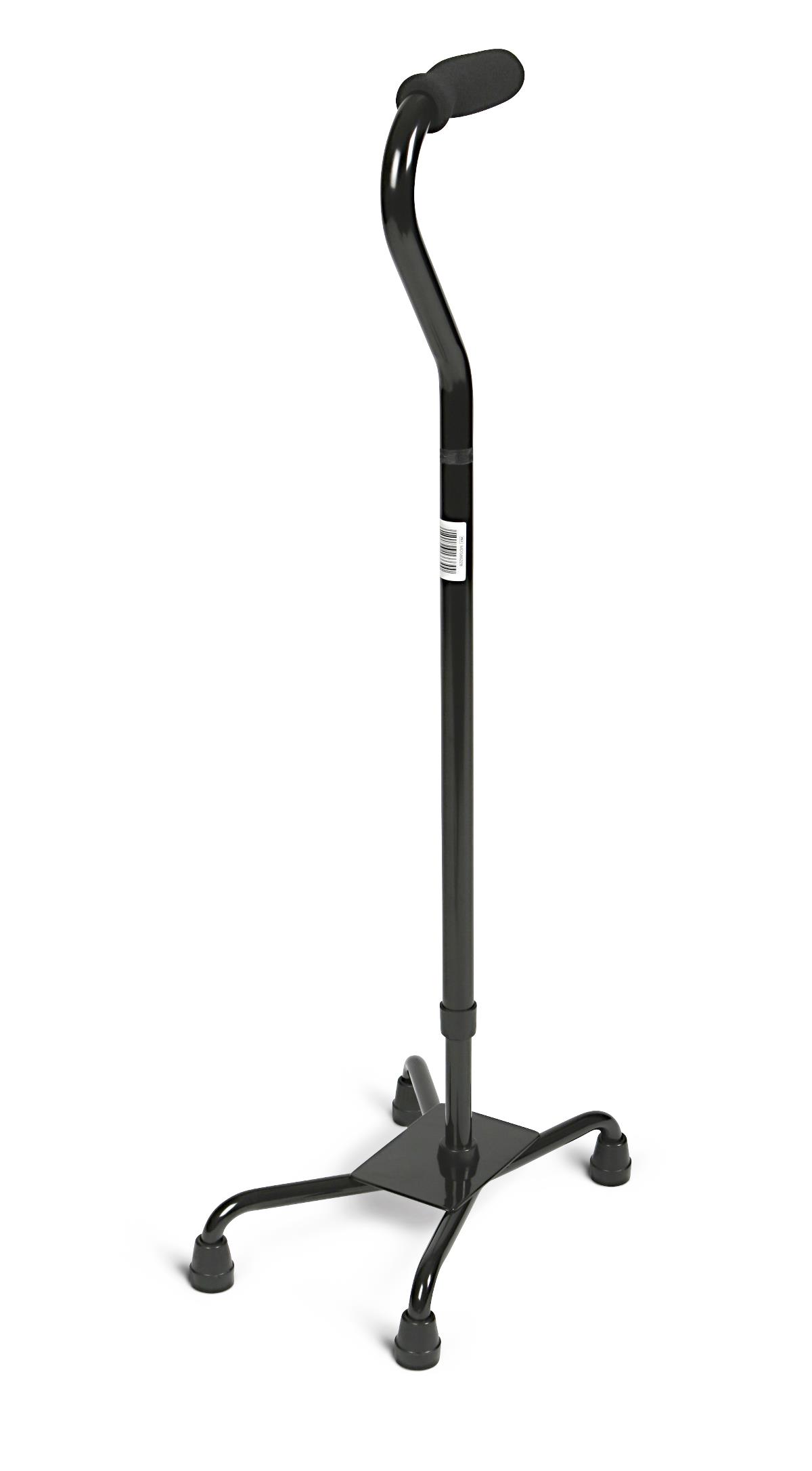 Bariatric quad cane with large four-legged base, foam handle, and black finish, shown freestanding on white background