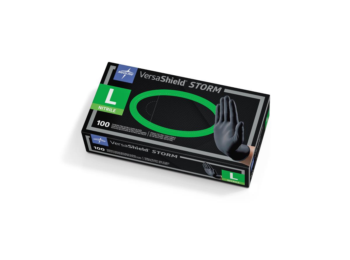 Disposable nitrile exam gloves box, black with green accents, labeled VersaShield Storm, size Large, 100 count