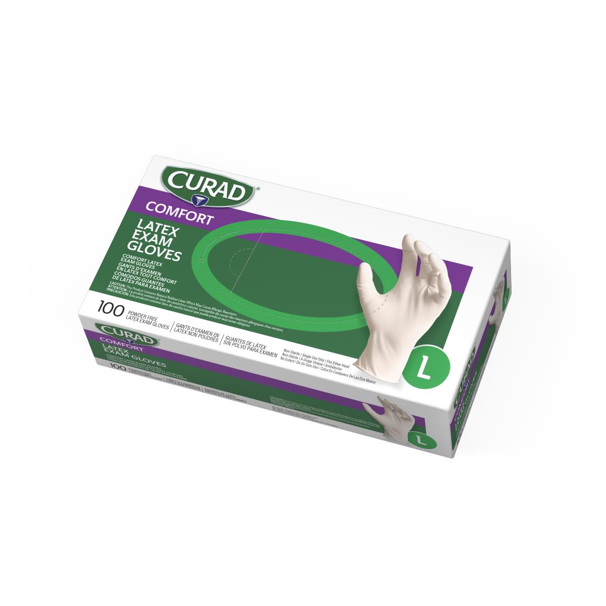 Latex exam gloves box labeled Curad Comfort, powder-free, size large, 100 count, white with green and purple accents
