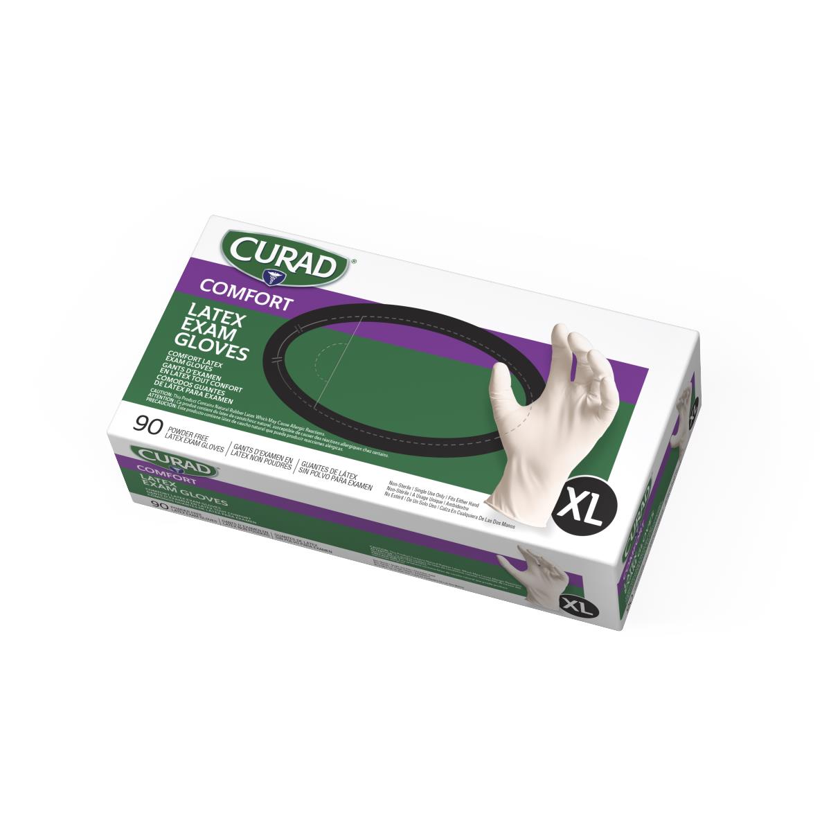 Latex exam gloves box labeled Curad Comfort, XL size, powder-free, 90 count, white with green and purple accents