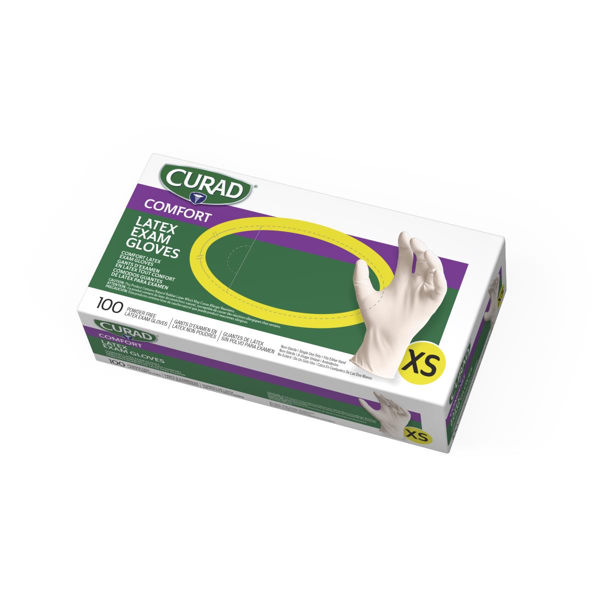 Latex exam gloves box labeled Curad Comfort, powder-free, size XS, 100 count, with white gloved hand graphic on purple and