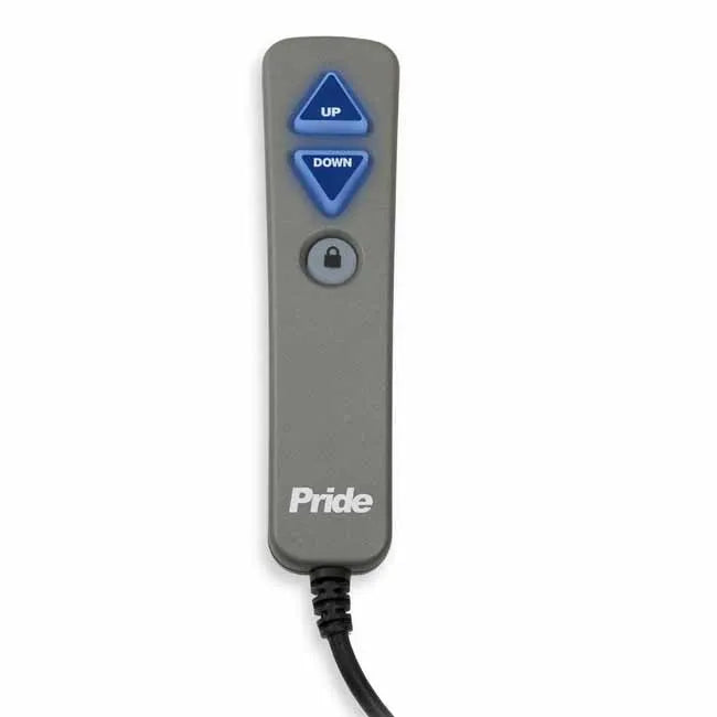 Pride lift chair hand control with blue illuminated up and down arrow buttons, lock button, and attached cord