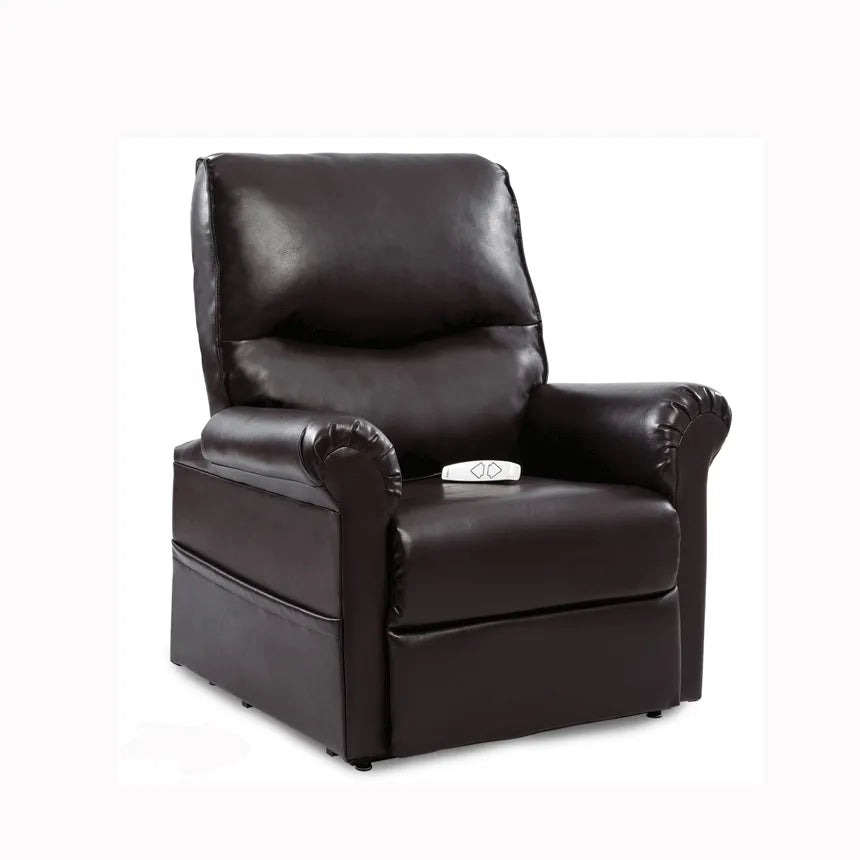 Power lift recliner chair in dark brown faux leather with rolled arms and wired hand control, shown in upright seated