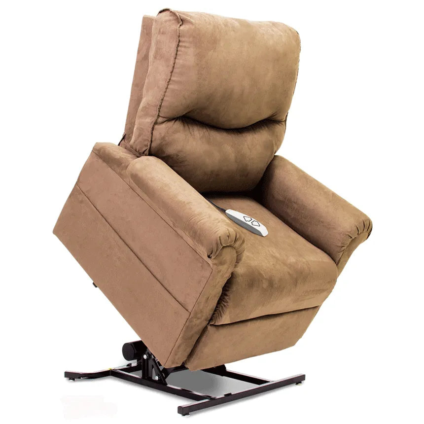 Power lift recliner chair in tan microfiber fabric shown in raised lift position with hand control on the seat
