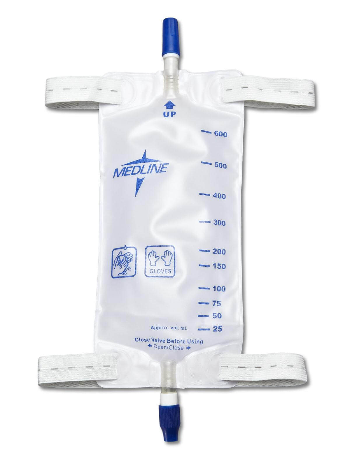 Leg bag with two elastic comfort straps, blue twist valve drainage port, and graduated measurement markings up to 600ml
