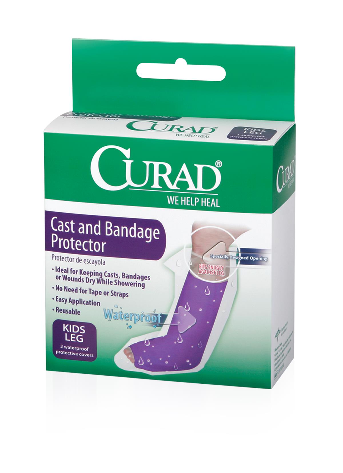 Cast and bandage protector in green and white retail box, kids leg size, showing purple waterproof cover on a child's leg