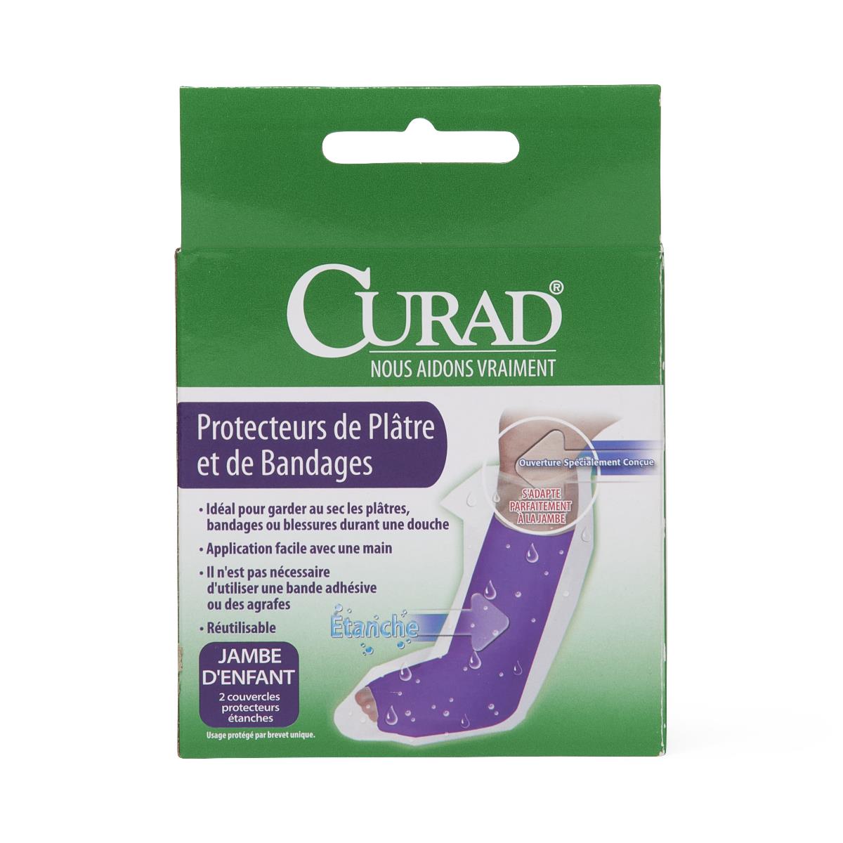 Cast and bandage protector box by Curad, green packaging with French text, showing a purple waterproof leg cover on a