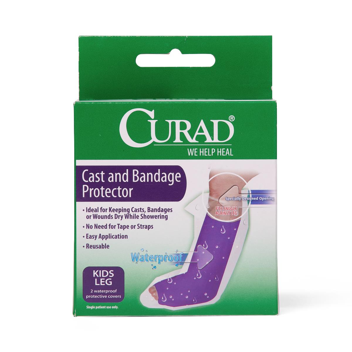 Cast and bandage protector in green and white retail box showing purple waterproof leg cover for kids