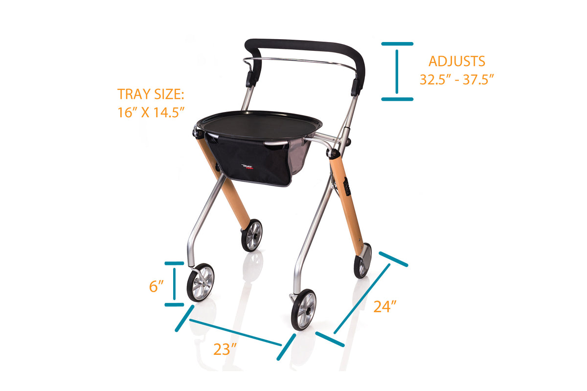 Indoor rollator with four wheels, black tray, storage bag, padded handle, and wood-tone legs shown with dimension callouts