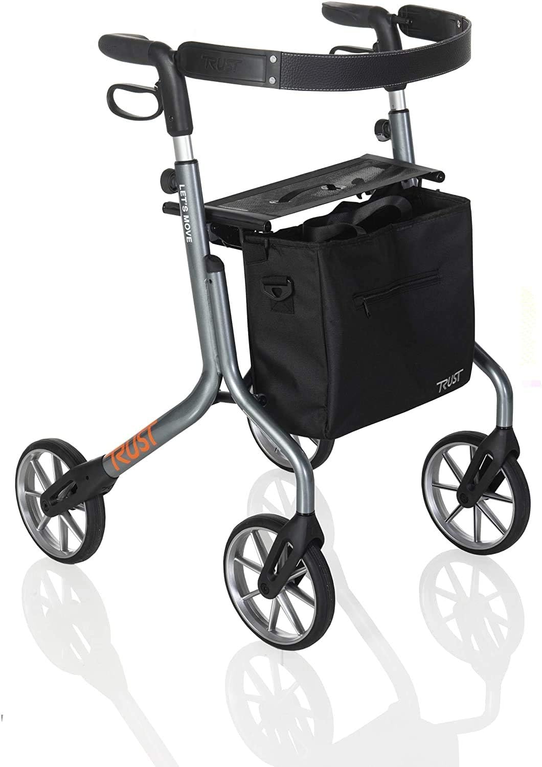 Four-wheel rollator with silver aluminum frame, padded backrest, black storage bag, and ergonomic handles