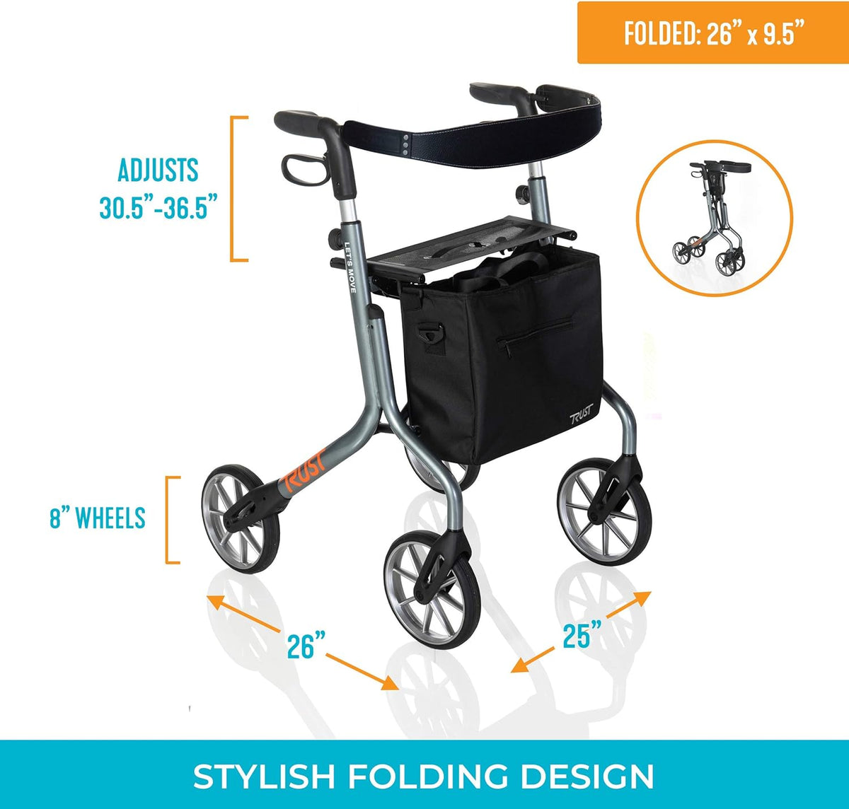 Rollator walker with silver frame, padded seat, black underseat bag, loop hand brakes, and large spoke wheels, shown with