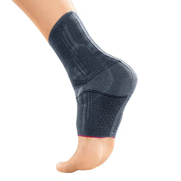 Ankle support in gray knit fabric with pink trim accent, worn on a right foot, shown from the side