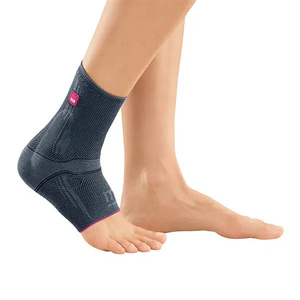 Levamed ankle support in gray knit fabric with pink accents worn on a left foot, shown from the side