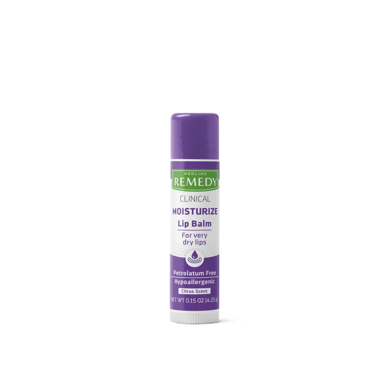 Lip balm stick with purple cap and white tube, labeled Remedy Clinical Moisturize, citrus scent, 0.15 oz