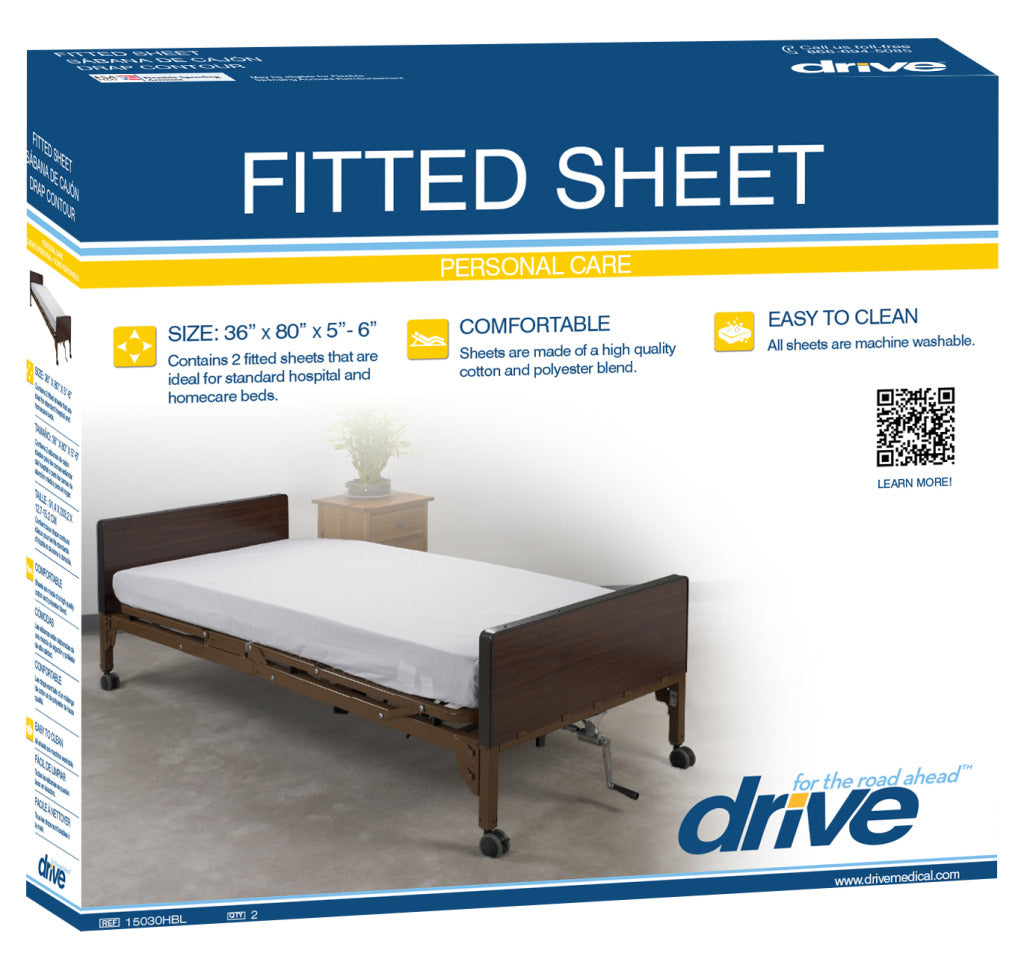 Fitted sheet packaging by Drive Medical showing a white sheet on a hospital bed, navy blue and yellow box design