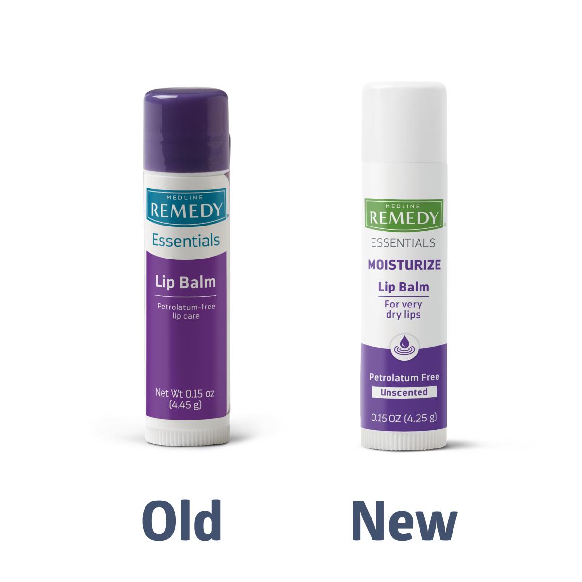 Lip balm sticks showing old purple-capped and new white-capped Remedy Essentials packaging side by side on white background
